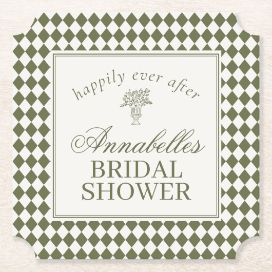 Olive Green Harlequin Checkered Bridal Shower ペーパーコースター (正面)