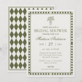 Olive Green Harlequin Checkered Bridal Shower 招待状 (正面/裏面)