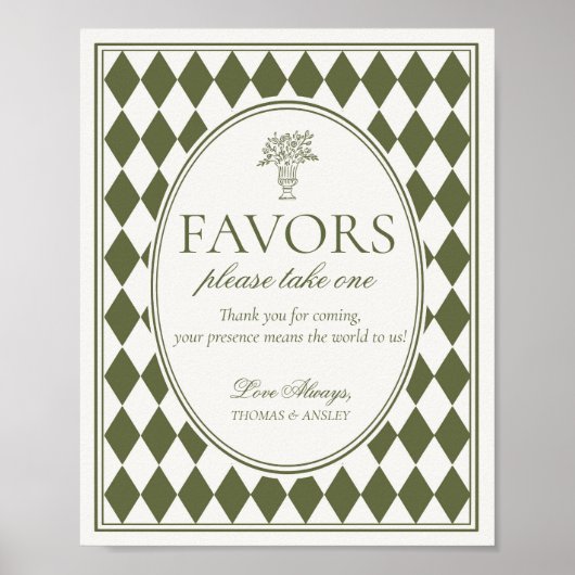 Olive Green Harlequin Checkered Wedding Favor Sign ポスター (正面)