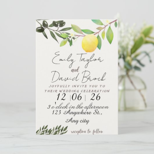 olive green leaf branch and Lemon wedding 招待状 (スタンド正面)
