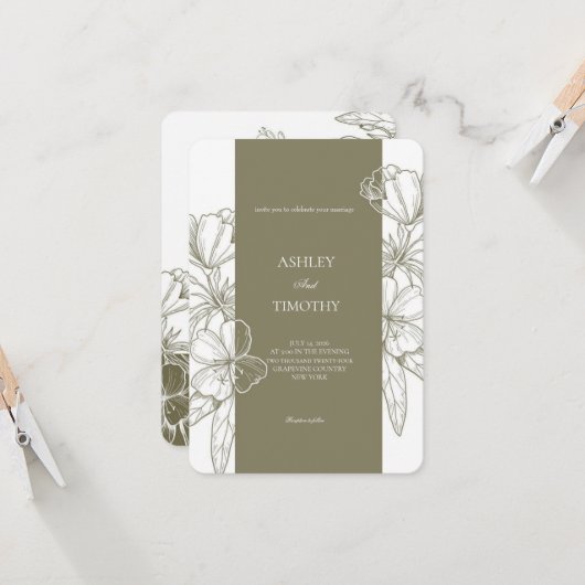 Olive Green Minimalist Floral Wedding Invitation 招待状 (正面/裏面インサイチュ)