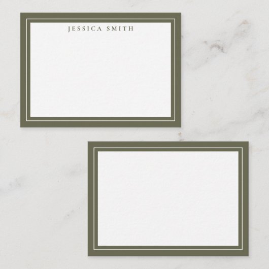 Olive Green Minimalist Monogram Line Border ノートカード (正面/裏面)