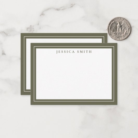 Olive Green Minimalist Monogram Line Border ノートカード (正面/裏面インサイチュ)