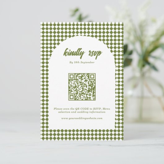 Olive green Minimalist Retro Checker Arch Wedding 出欠カード (スタンド正面)
