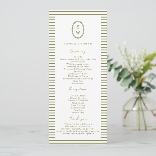 Olive Green Modern Wedding Program Card 招待状 (スタンド正面)