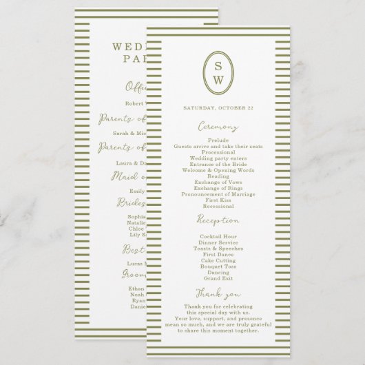 Olive Green Modern Wedding Program Card 招待状 (正面/裏面)