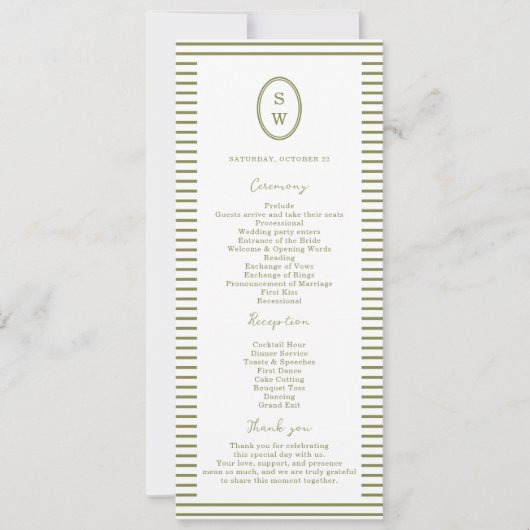 Olive Green Modern Wedding Program Card 招待状 (正面)