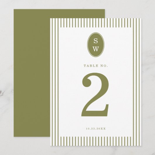Olive Green Modern Wedding Table Number 招待状 (正面/裏面)