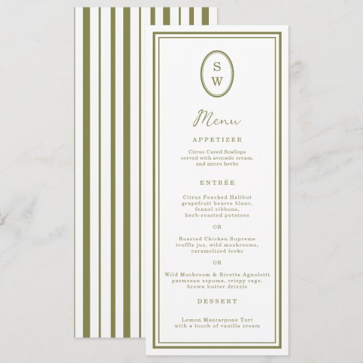Olive Green Monogram Long Wedding Menu Card 招待状 (正面/裏面)