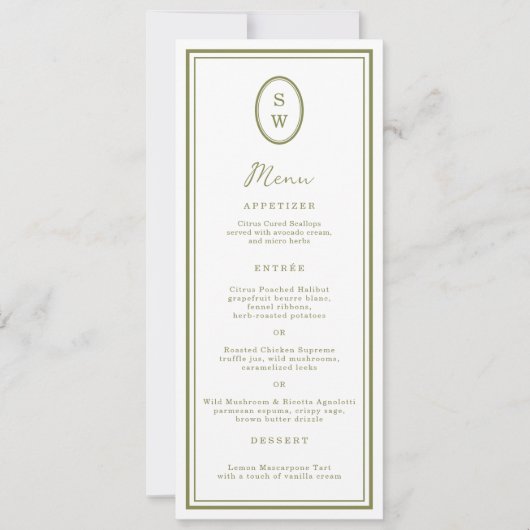 Olive Green Monogram Long Wedding Menu Card 招待状 (正面)