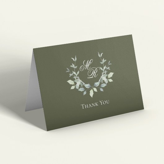 Olive Green Monogram Script Wedding Thank You サンキューカード