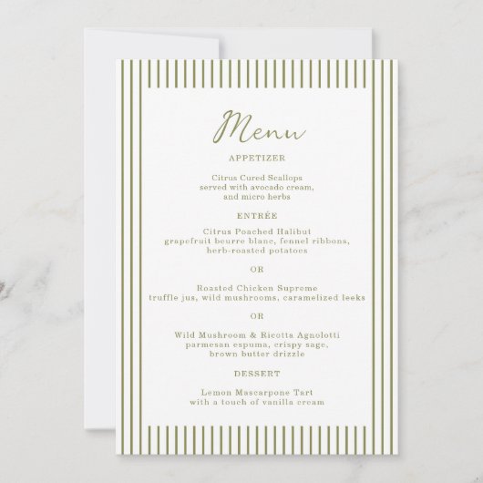 Olive Green Monogram Wedding Menu Card 招待状 (正面)