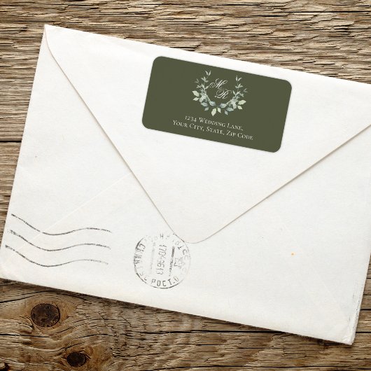 Olive Green Monogram Wedding Return Address ラベル