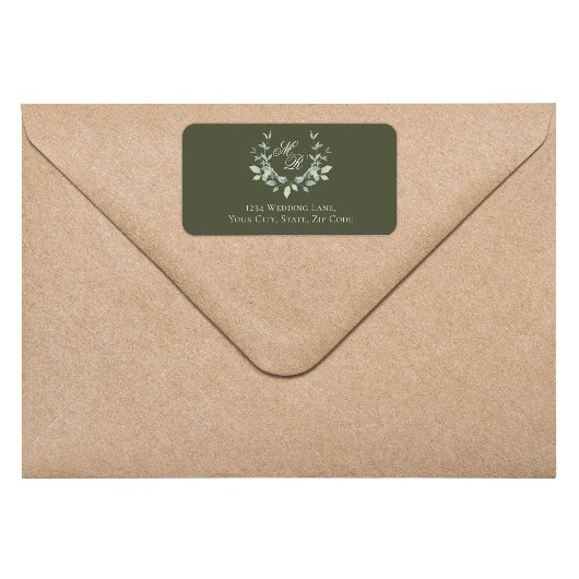 Olive Green Monogram Wedding Return Address ラベル