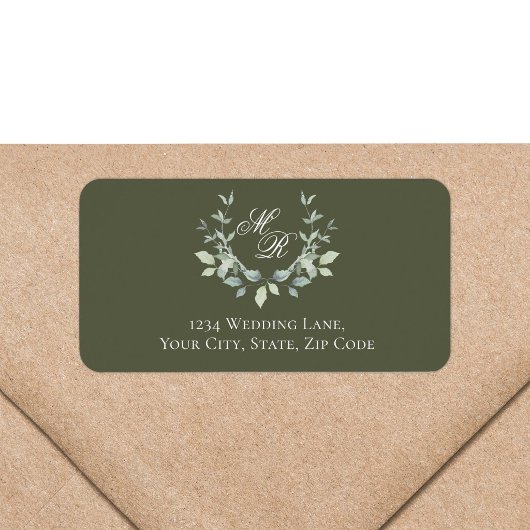 Olive Green Monogram Wedding Return Address ラベル