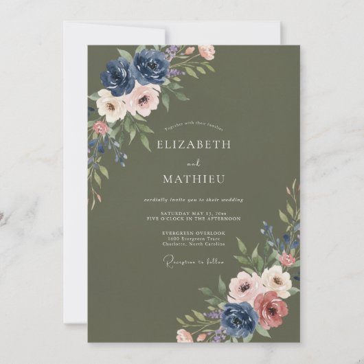 Olive Green Moody Floral Wedding 招待状 (正面)