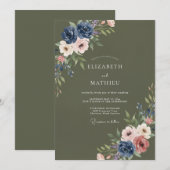 Olive Green Moody Floral Wedding 招待状 (正面/裏面)