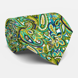 Olive Green Mustard Yellow Turquoise Blue Paisley ネクタイ