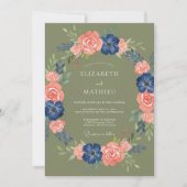 Olive Green Peach Floral Rustic Wedding 招待状 (正面)