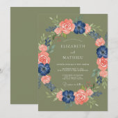 Olive Green Peach Floral Rustic Wedding 招待状 (正面/裏面)