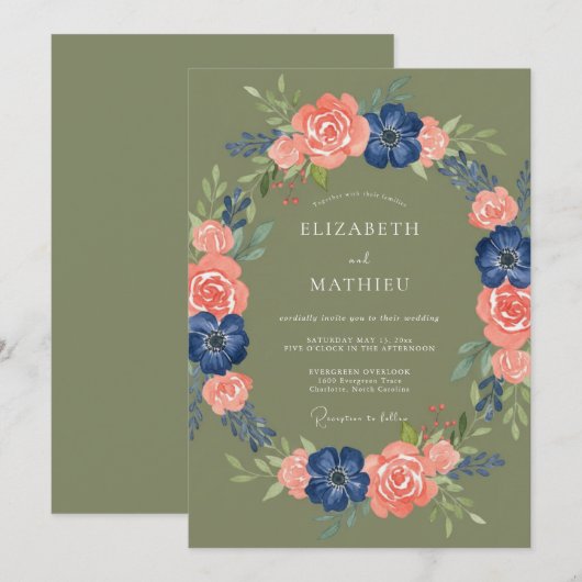 Olive Green Peach Floral Rustic Wedding 招待状 (正面/裏面)