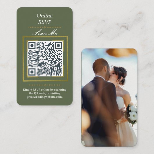 Olive Green | Photo Online RSVP QR Code Wedding  エンクロージャーカード (正面/裏面)