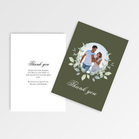 Olive Green Photo Wedding Thank You Wreath サンキューカード