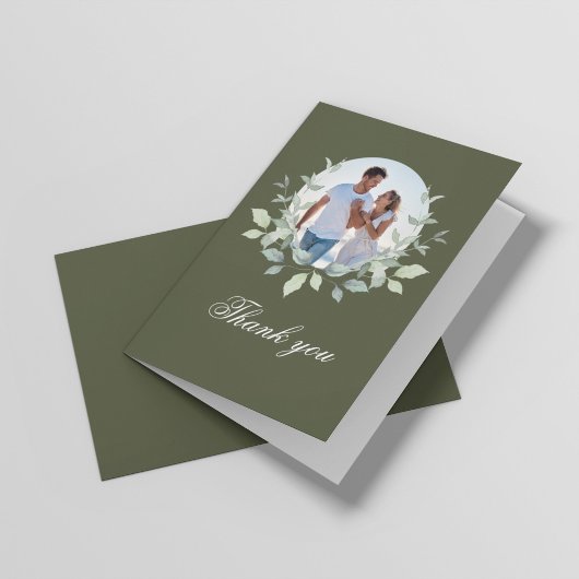 Olive Green Photo Wreath Script Thank You Card サンキューカード