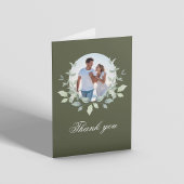 Olive Green Photo Wreath Script Thank You Card サンキューカード