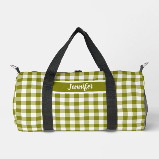 Olive Green Plaid Gingham Personalized ダッフルバッグ (正面)