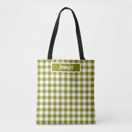 Olive Green Plaid Gingham Personalized トートバッグ