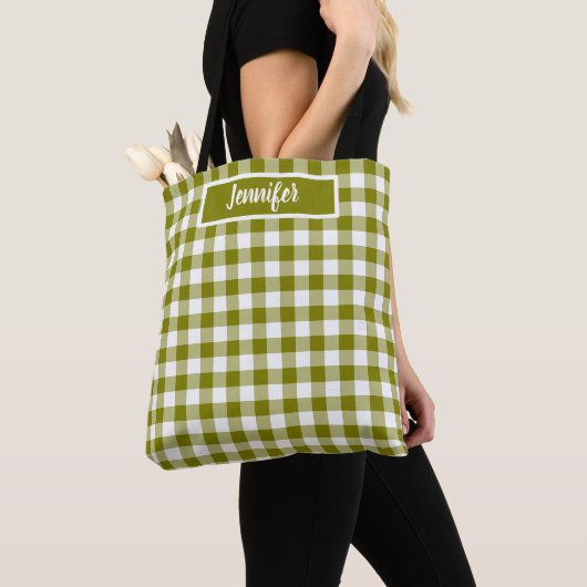Olive Green Plaid Gingham Personalized トートバッグ (クローズアップ)