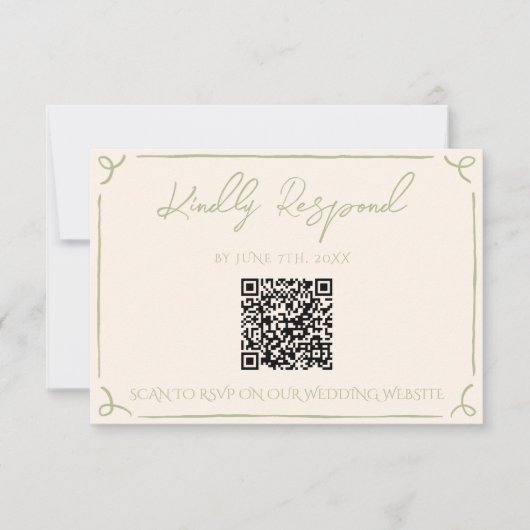 Olive Green QR Code Hand Written Drawn Wedding 出欠カード (正面)