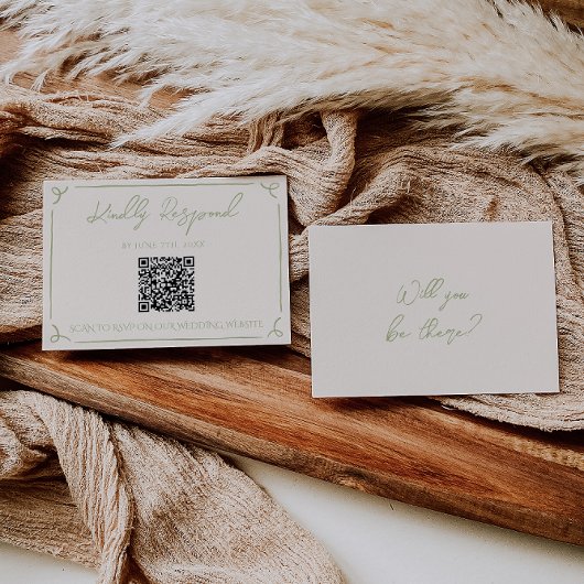 Olive Green QR Code Hand Written Drawn Wedding 出欠カード