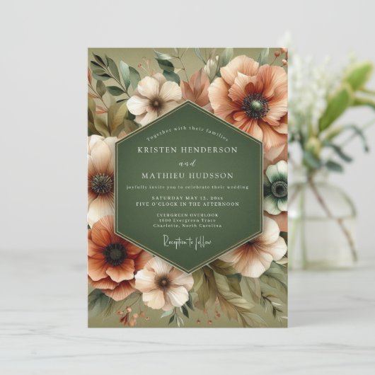 Olive Green Rustic Bloom Wedding 招待状 (スタンド正面)