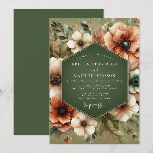 Olive Green Rustic Bloom Wedding 招待状 (正面/裏面)