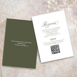 Olive Green Script Wedding RSVP QR Code Card エンクロージャーカード