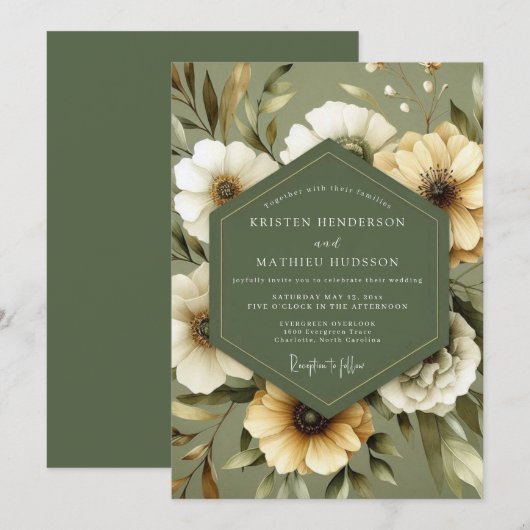 Olive Green Serene Bloom Wedding 招待状 (正面/裏面)