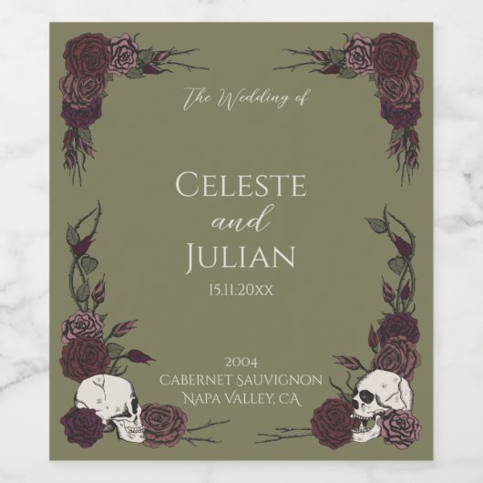 Olive Green Skulls & Roses Gothic Wedding ワインラベル (シングルラベル)