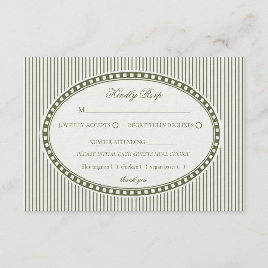 Olive Green Striped Harlequin Pattern Wedding RSVP エンクロージャーカード (正面)