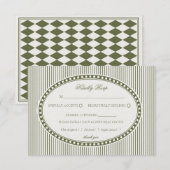 Olive Green Striped Harlequin Pattern Wedding RSVP エンクロージャーカード (正面/裏面)