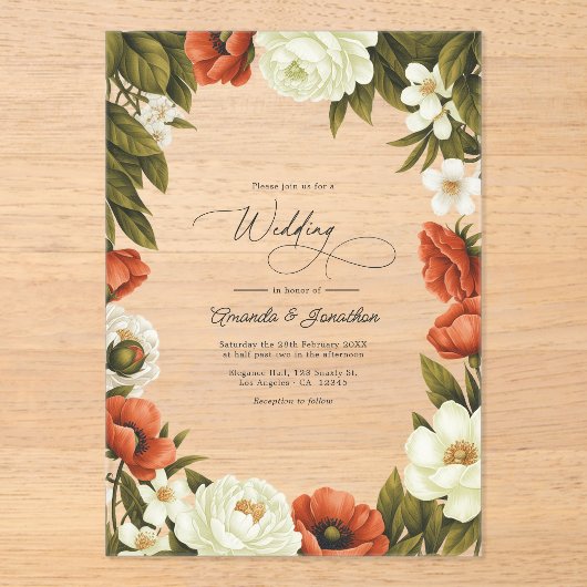 Olive Green Terracotta & Soft Ivory Floral Wedding アクリル招待状 (正面)