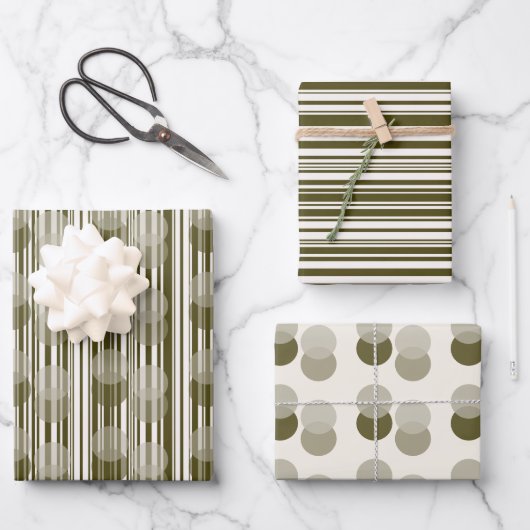 Olive Green Tinsel, Stripes and Confetti Patterns ラッピングペーパーシート (正面)