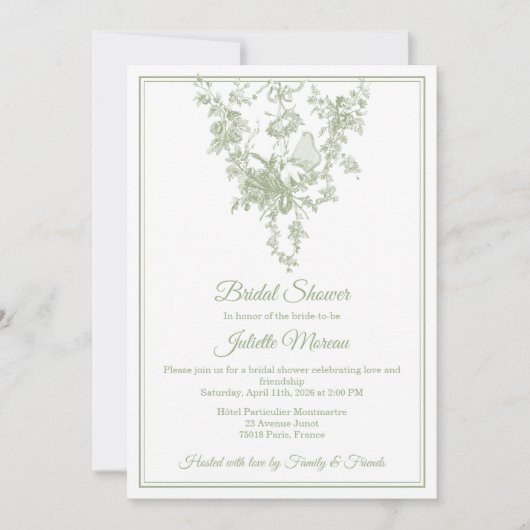 Olive Green Toile de Jouy Bridal Shower Invitation 招待状 (正面)