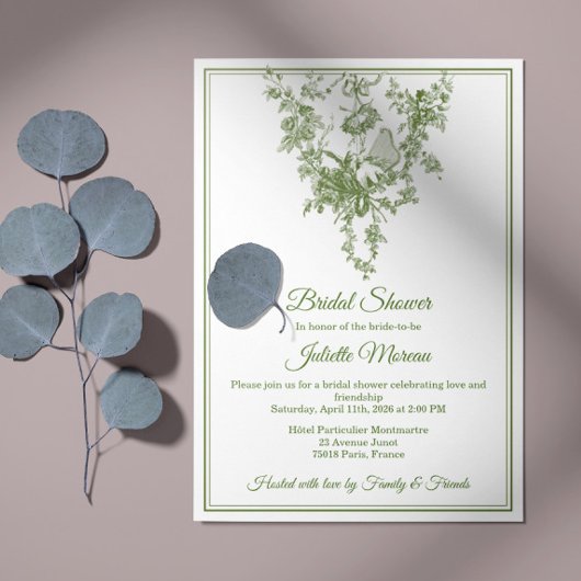 Olive Green Toile de Jouy Bridal Shower Invitation 招待状