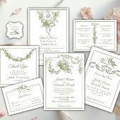 Olive Green Toile de Jouy Bridal Shower Invitation 招待状