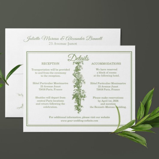 Olive Green Toile de Jouy Wedding Details Enclosur エンクロージャーカード