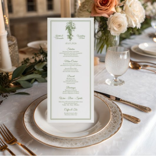 Olive Green Toile de Jouy Wedding Menu Card メニュー