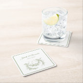 Olive Green Toile de Jouy Wedding Paper Coasters スクエアペーパーコースター (インサイチュ)