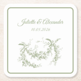 Olive Green Toile de Jouy Wedding Paper Coasters スクエアペーパーコースター